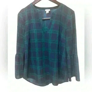 J. Crew Navy & Green Tartan Plaid Lightweight Long Sleeved Blouse Size Medium